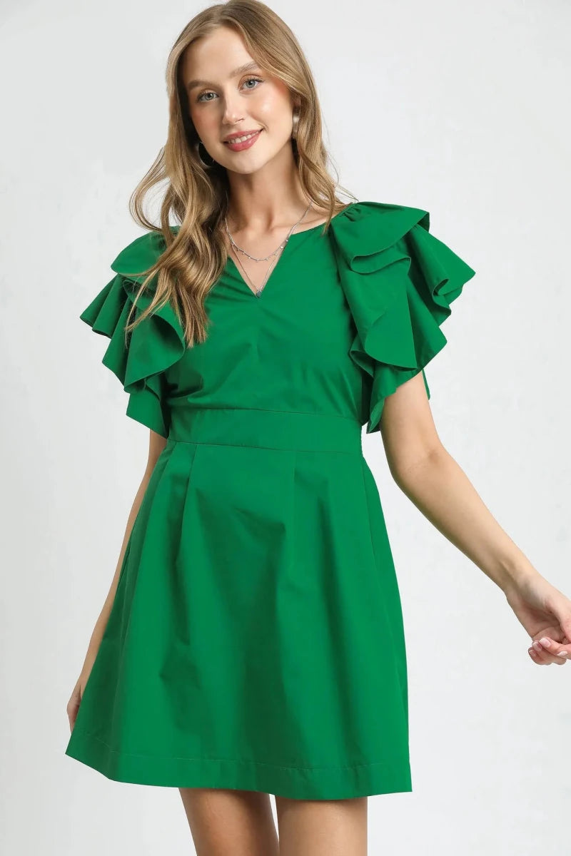 Dark Green Double Ruffle Sleeve Fit and Flare Midi Dress - Women's Wedding Guest Cocktail Dress - AMVIM