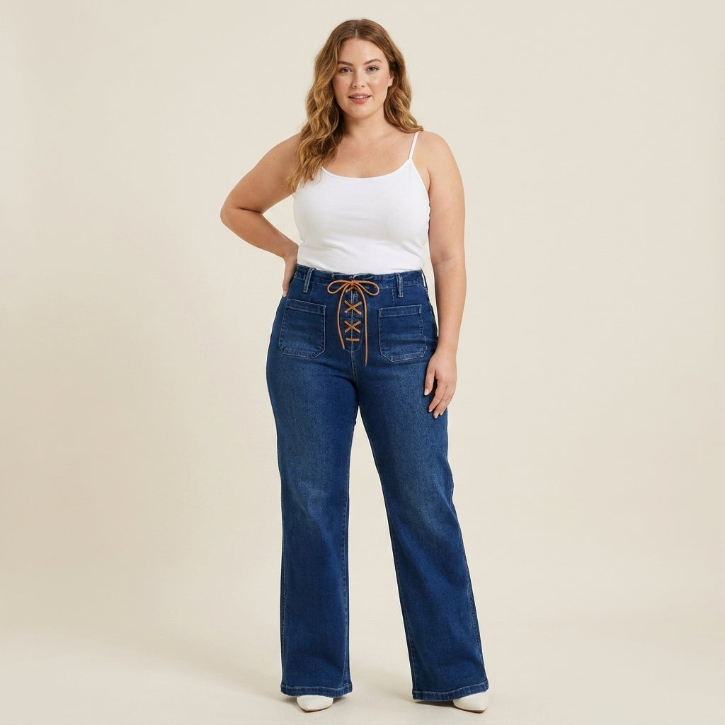 Dark Wash High Rise Wide Leg Jeans - Front Tie Detail Denim Women's Y2K - AMVIM