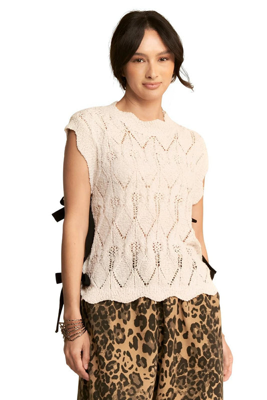 Davi & Dani Ribbon Bow Ties Scalloped Trim Knit Semi Crop Top - AMVIM