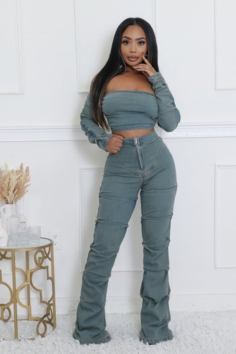 Denim Off The Shoulder Stretch Pant Set - AMVIM