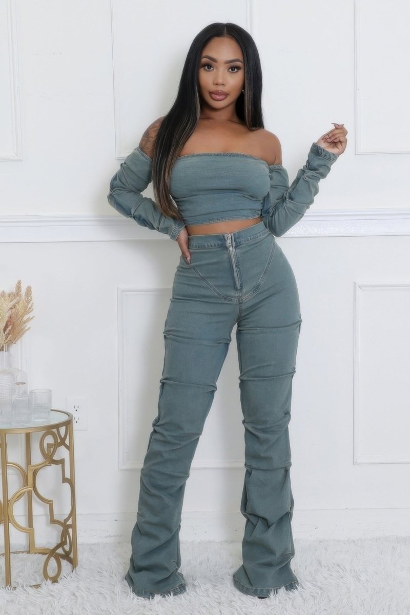 Denim Off The Shoulder Stretch Pant Set - AMVIM