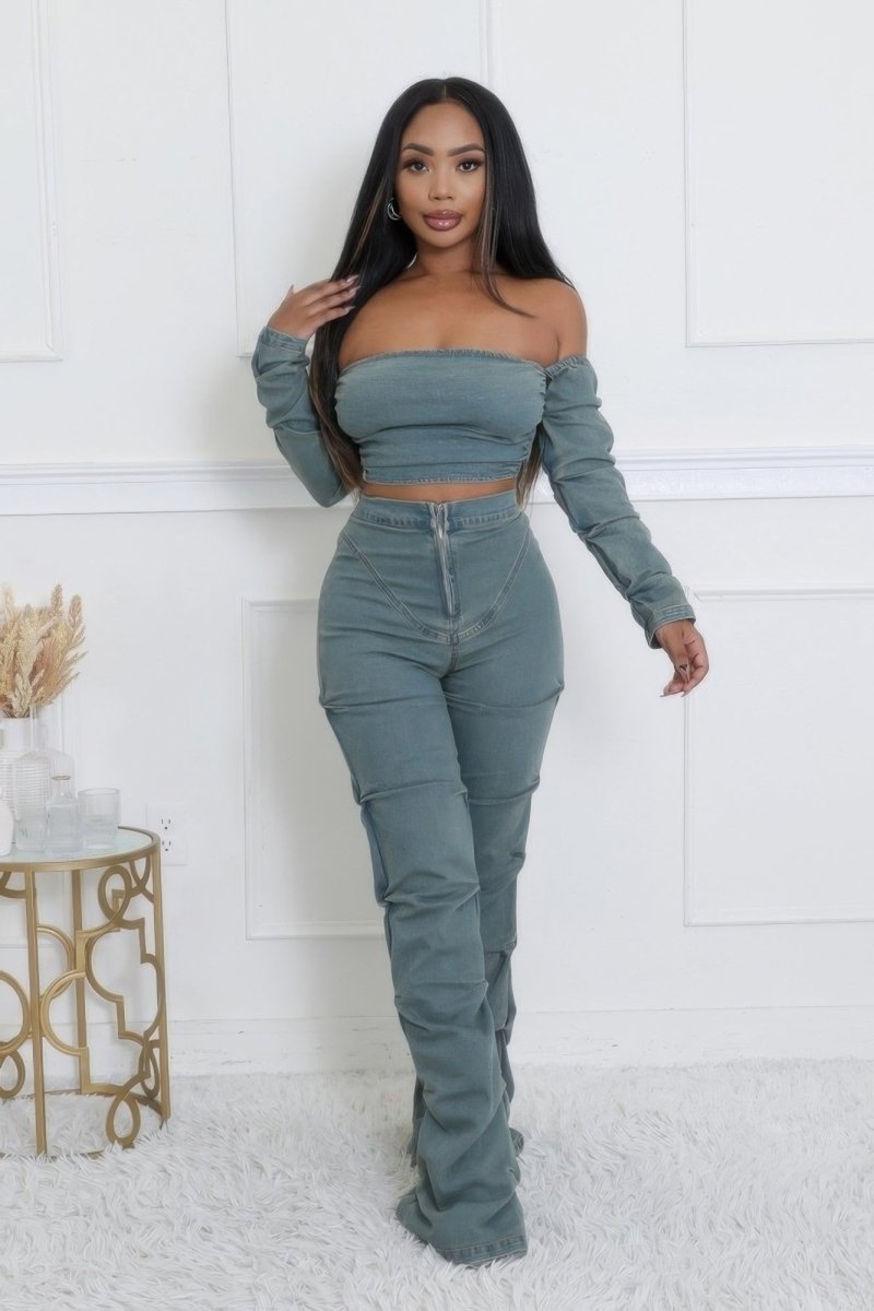 Denim Off The Shoulder Stretch Pant Set - AMVIM