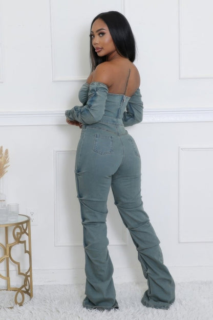 Denim Off The Shoulder Stretch Pant Set - AMVIM