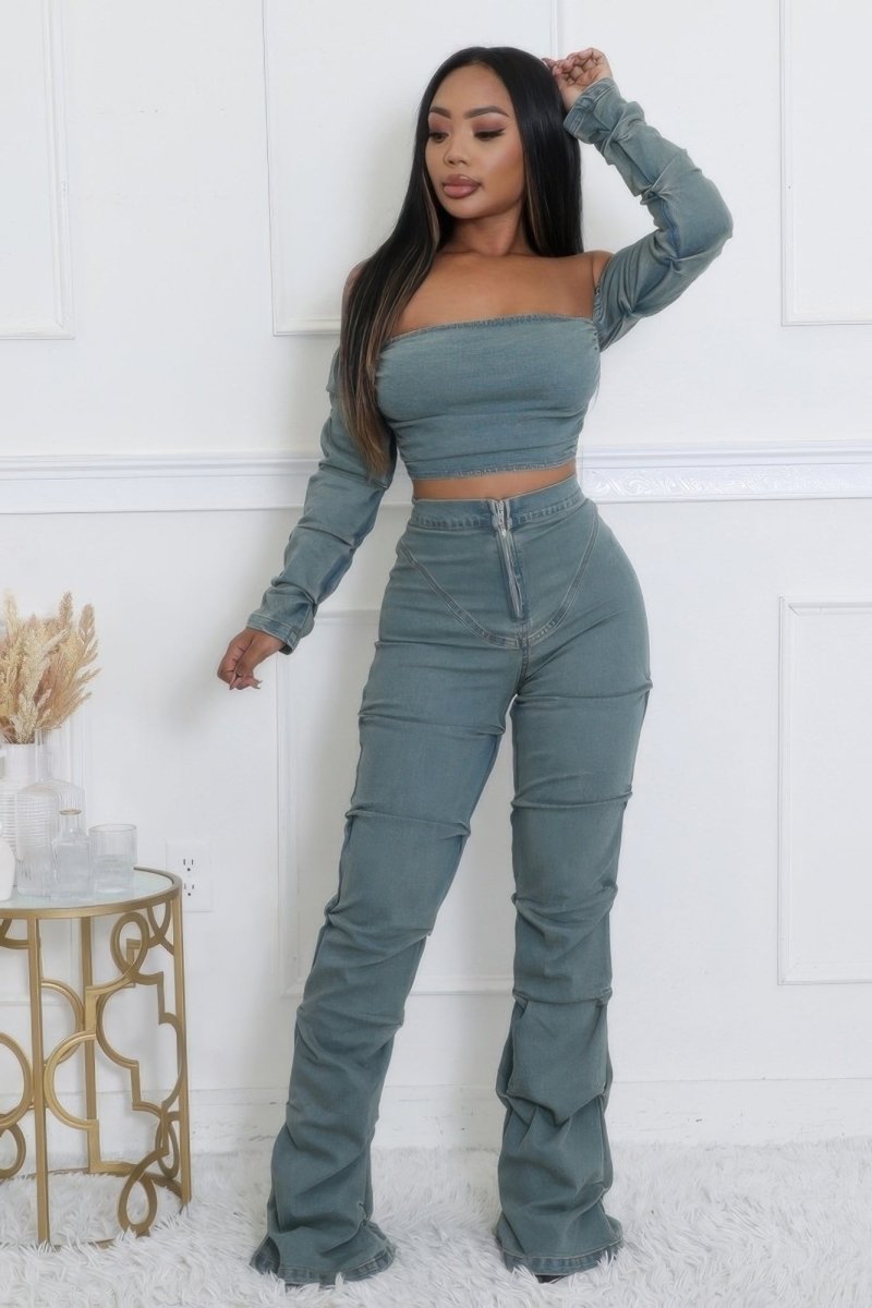 Denim Off The Shoulder Stretch Pant Set - AMVIM