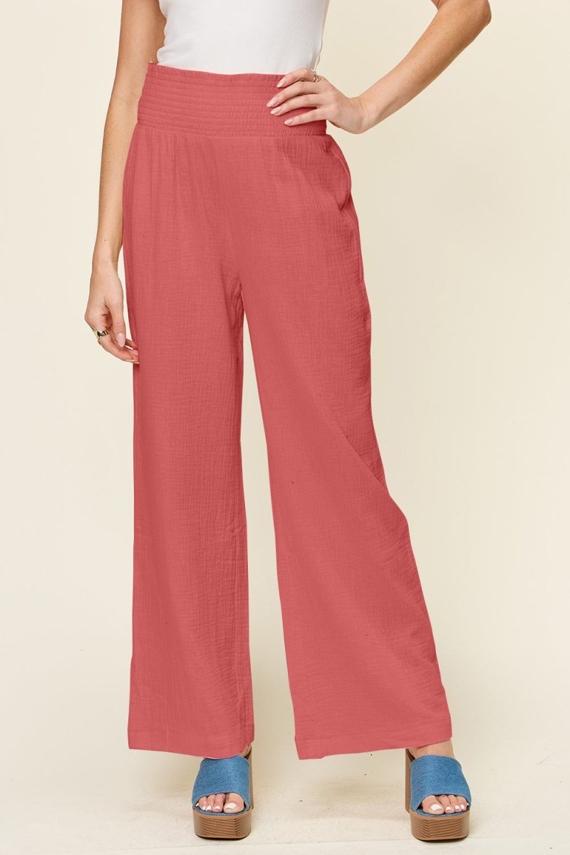 Double Take Full Size Texture Smocked Waist Wide Leg Pants - AMVIM