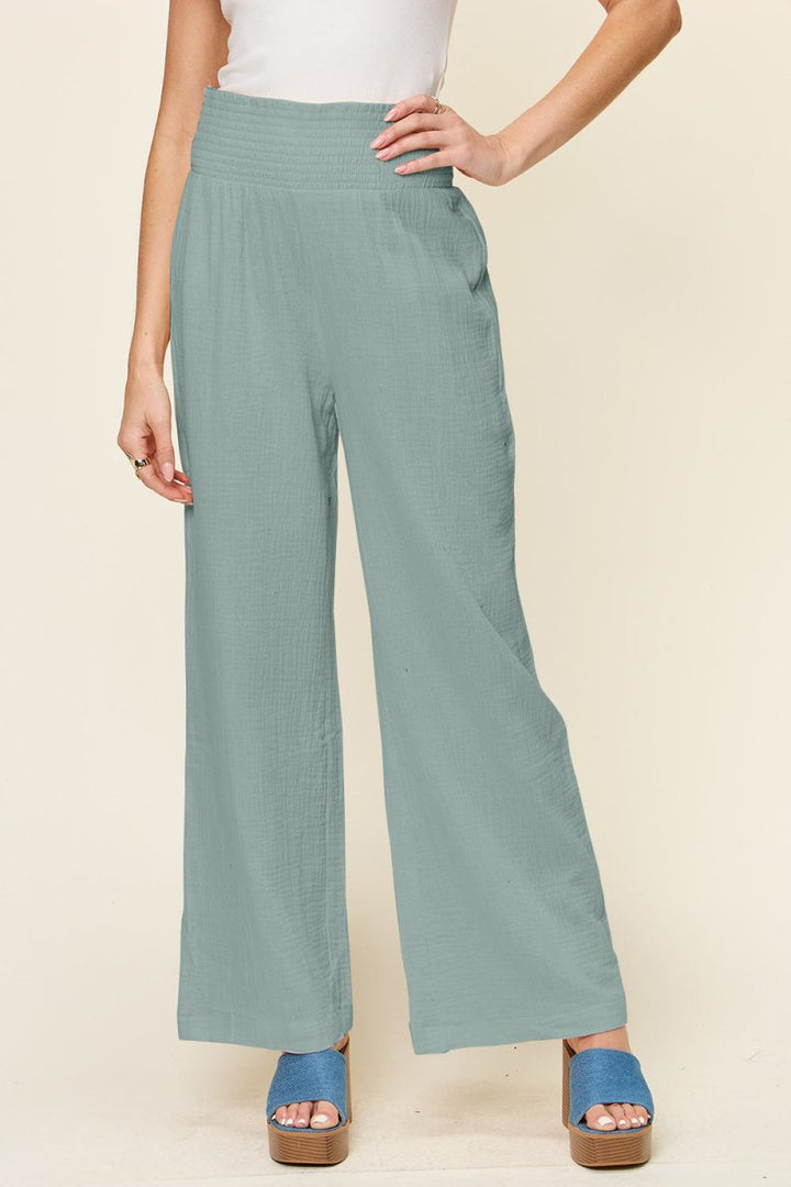 Double Take Full Size Texture Smocked Waist Wide Leg Pants - AMVIM