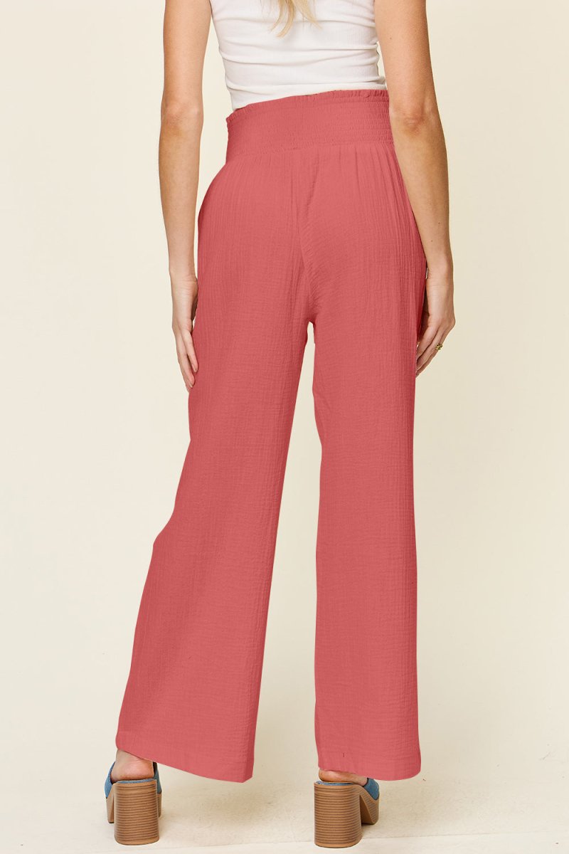 Double Take Full Size Texture Smocked Waist Wide Leg Pants - AMVIM