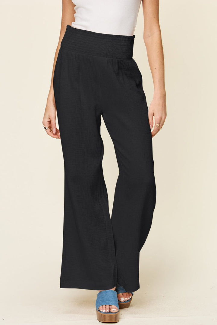 Double Take Full Size Texture Smocked Waist Wide Leg Pants - AMVIM