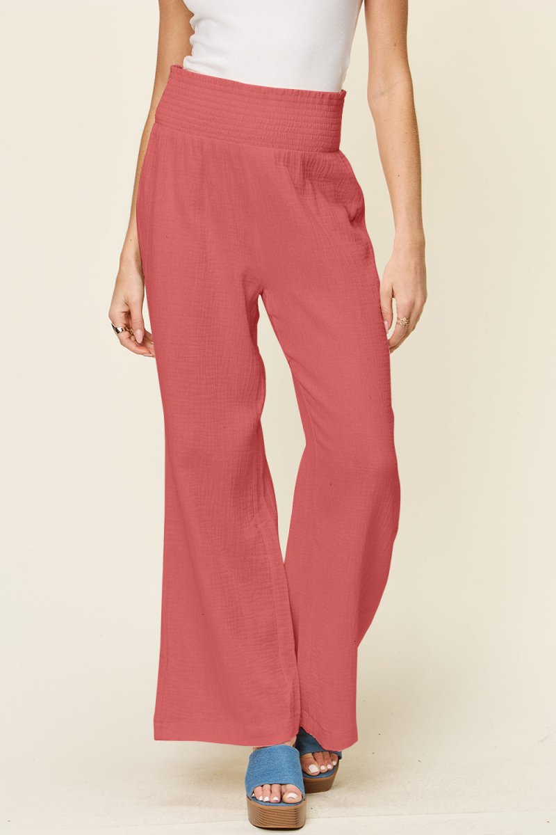 Double Take Full Size Texture Smocked Waist Wide Leg Pants - AMVIM