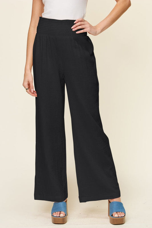 Double Take Full Size Texture Smocked Waist Wide Leg Pants - AMVIM