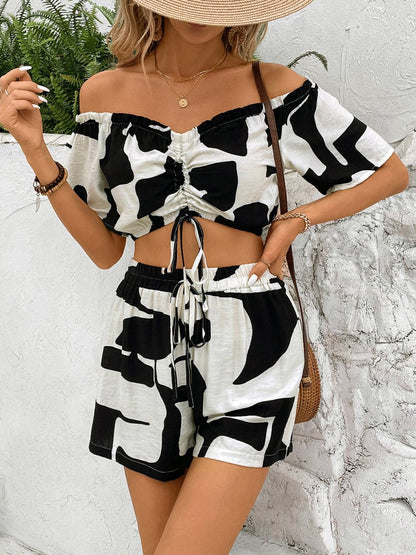 Drawstring Off - Shoulder Top and Shorts Set - AMVIM