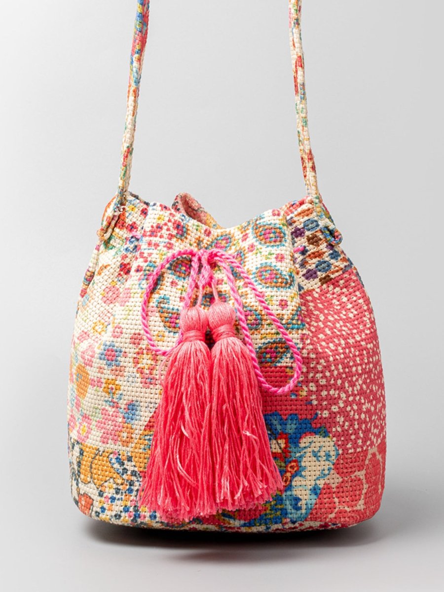 Drawstring Tassel Geometric Shoulder Bag - AMVIM