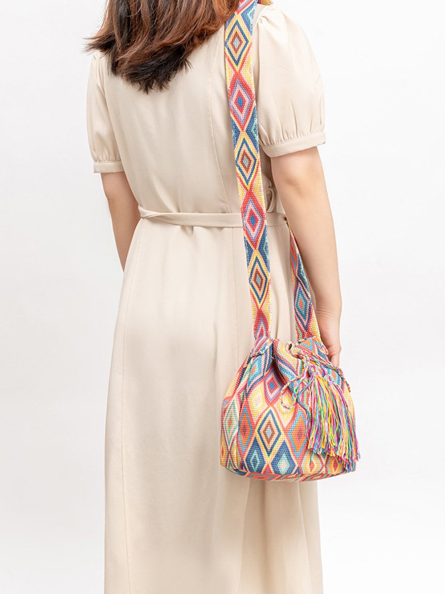 Drawstring Tassel Geometric Shoulder Bag - AMVIM