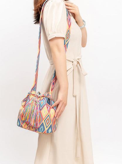 Drawstring Tassel Geometric Shoulder Bag - AMVIM