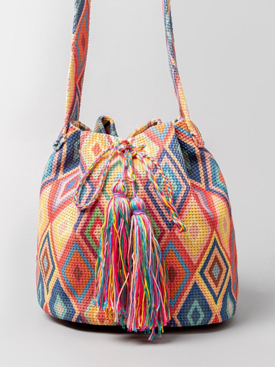 Drawstring Tassel Geometric Shoulder Bag - AMVIM