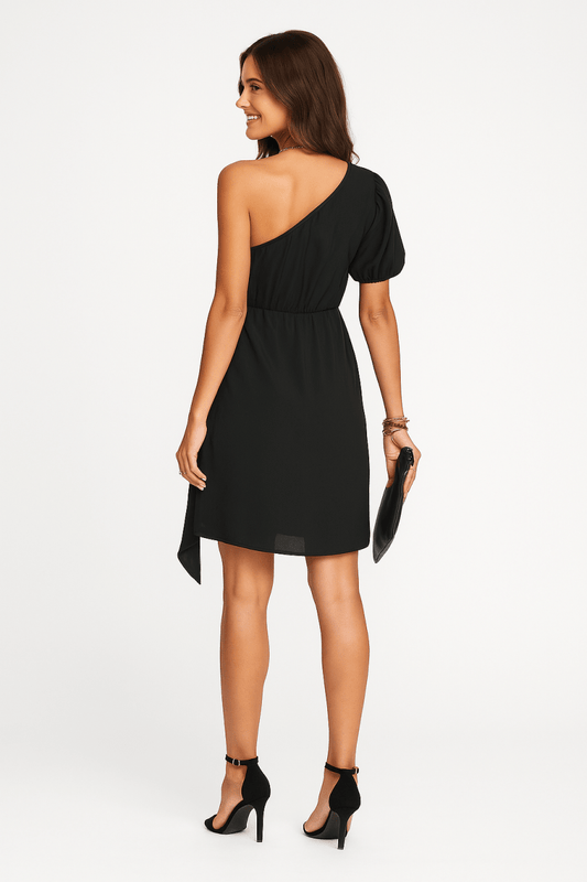 Dress Black One‑Shoulder Tie Waist Cocktail Evening Dress - AMVIM