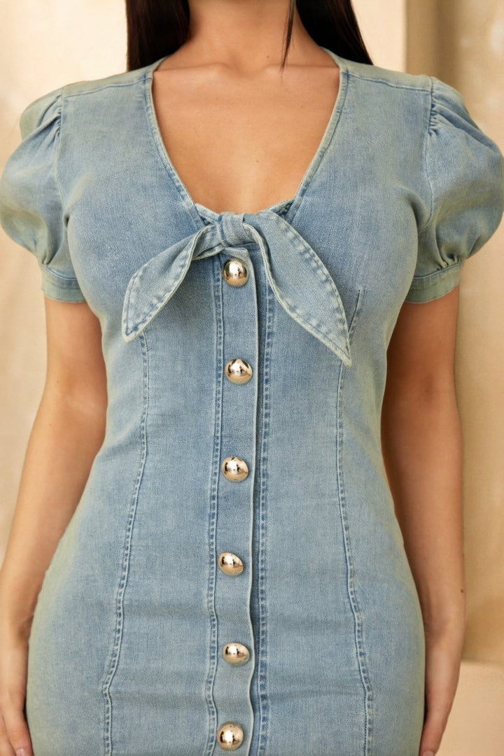 Dress Denim Puff Sleeve Mini Button - Up Summer Casual - AMVIM