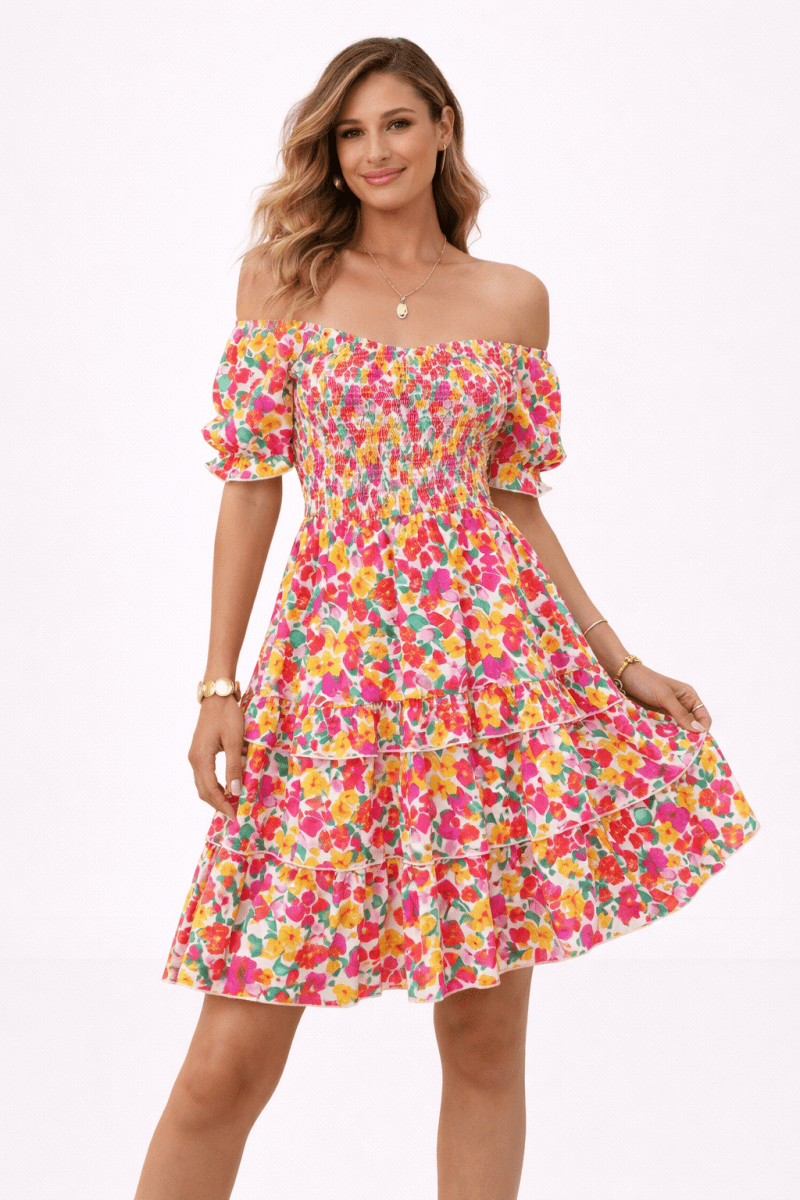 Dress floral short sleeve A - line summer casual vacation style - AMVIM
