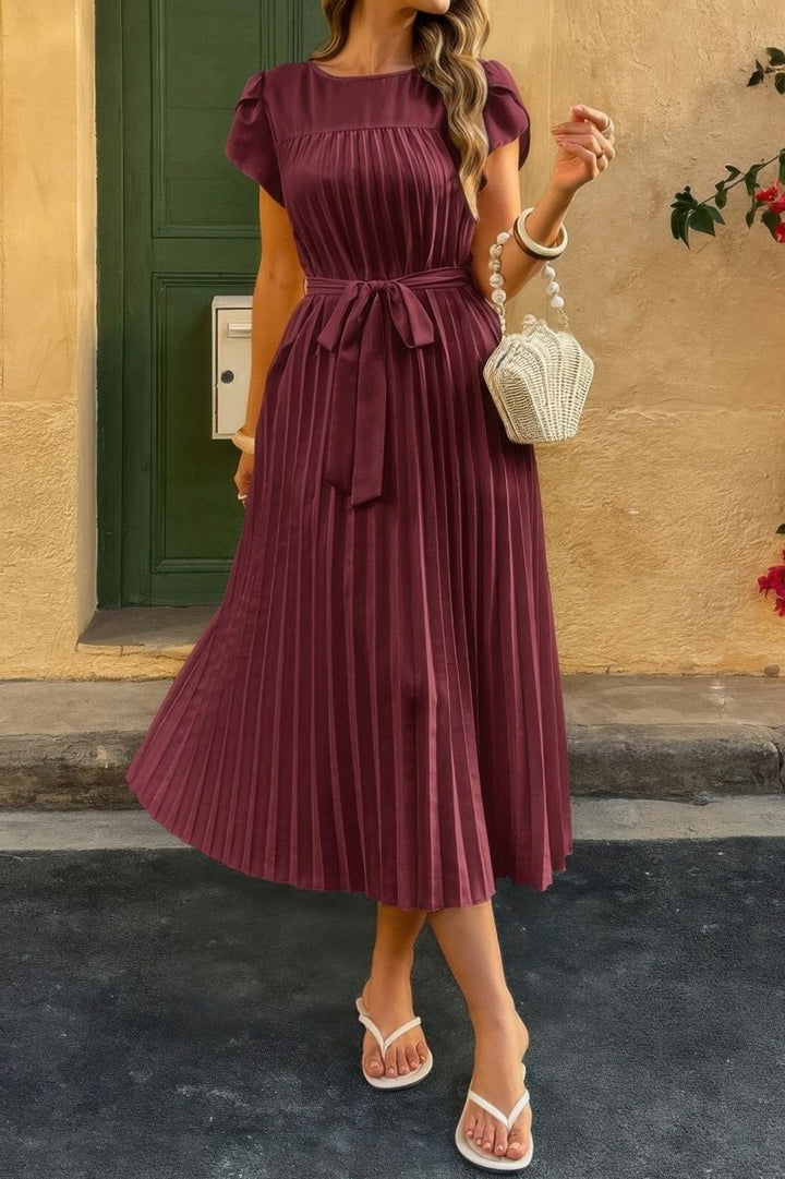 Dress pleated midi polyester puff sleeves white spring occasion - AMVIM