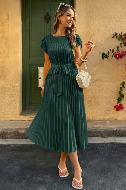 Dress pleated midi polyester puff sleeves white spring occasion - AMVIM