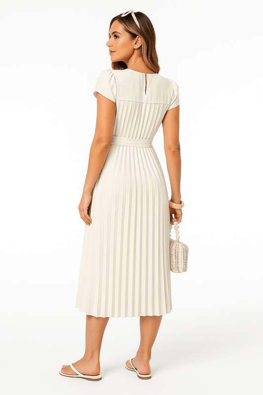 Dress pleated midi polyester puff sleeves white spring occasion - AMVIM