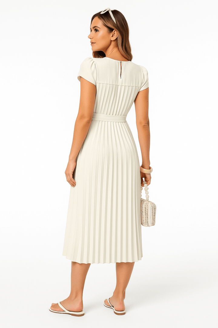 Dress pleated midi polyester puff sleeves white spring occasion - AMVIM