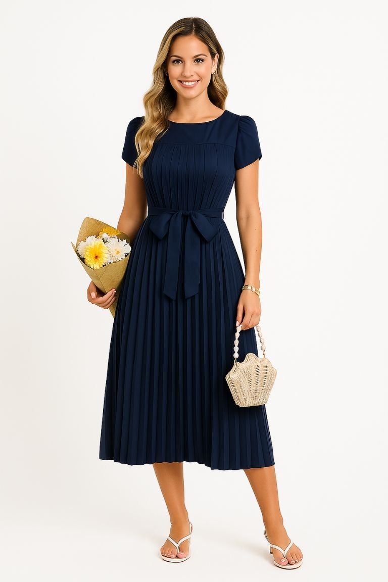 Dress pleated midi polyester puff sleeves white spring occasion - AMVIM