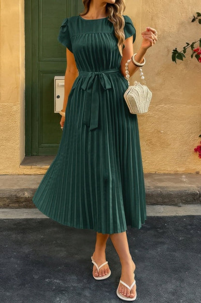 Dress pleated midi polyester puff sleeves white spring occasion - AMVIM
