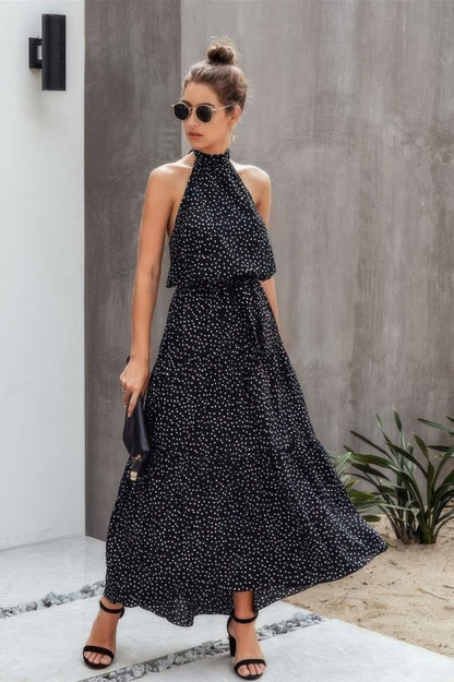 Dress Polka Dot Halter Neck Midi Dress - AMVIM