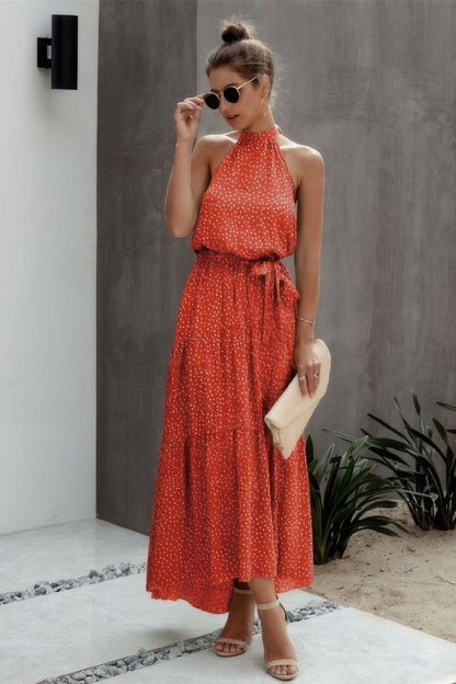 Dress Polka Dot Halter Neck Midi Dress - AMVIM