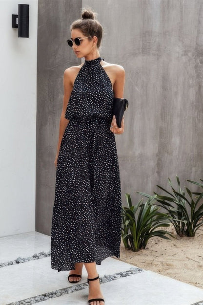 Dress Polka Dot Halter Neck Midi Dress - AMVIM
