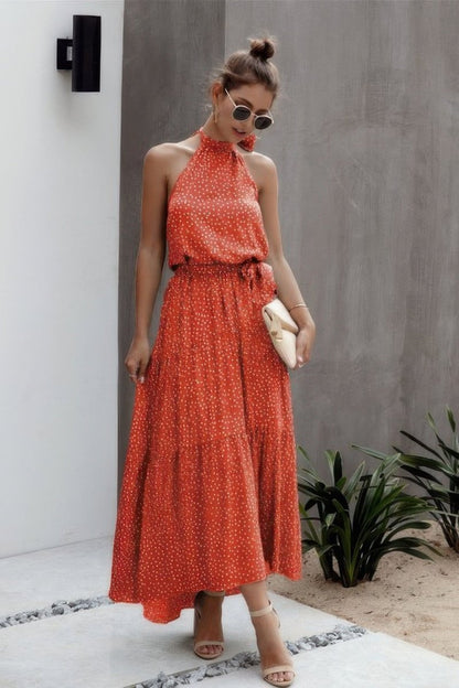 Dress Polka Dot Halter Neck Midi Dress - AMVIM