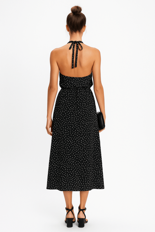Dress Polka Dot Halter Neck Midi Dress - AMVIM