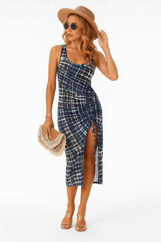Dress Printed Soft Fabric Ruched Side Split Midi Dress - AMVIM