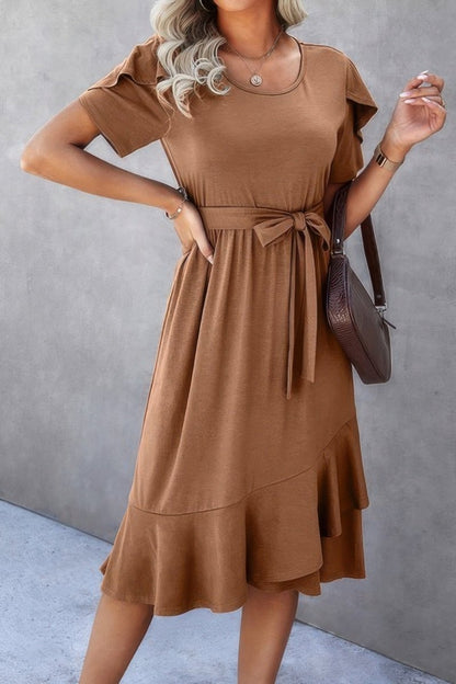 Dress scoop neck short sleeve midi with waist tie detail - AMVIM