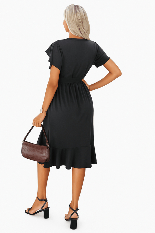 Dress scoop neck short sleeve midi with waist tie detail - AMVIM