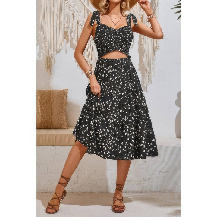 Dress square neck leopard cut - out elastic waist casual wear - AMVIM