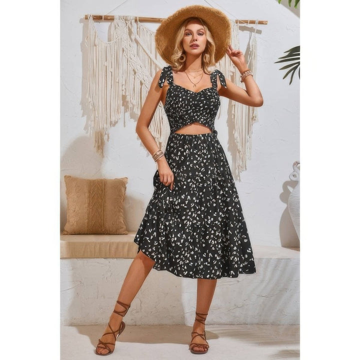 Dress square neck leopard cut - out elastic waist casual wear - AMVIM