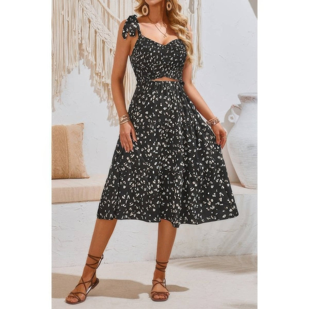 Dress square neck leopard cut - out elastic waist casual wear - AMVIM