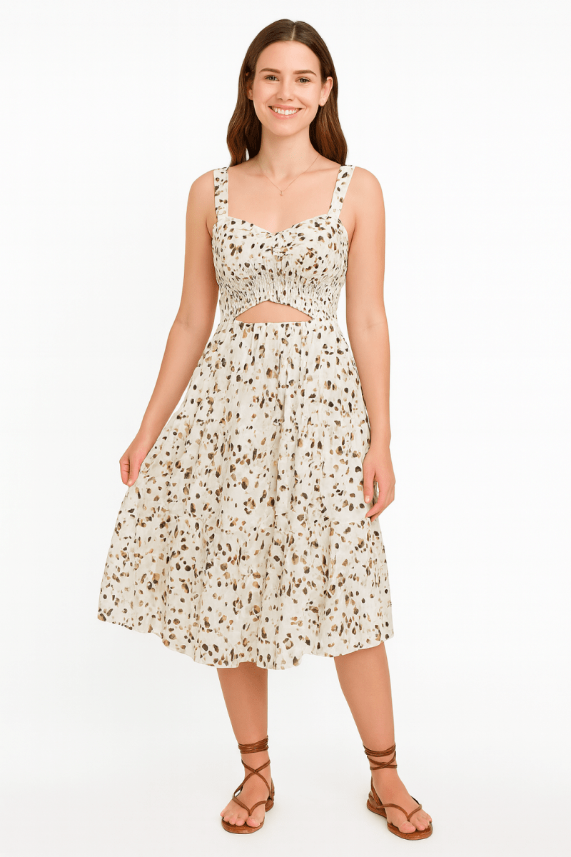 Dress square neck leopard cut - out elastic waist casual wear - AMVIM