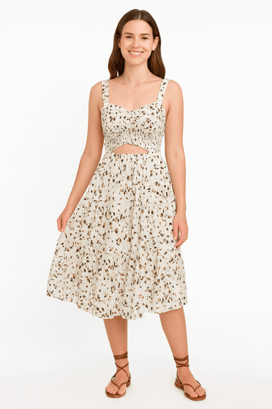 Dress square neck leopard cut - out elastic waist casual wear - AMVIM