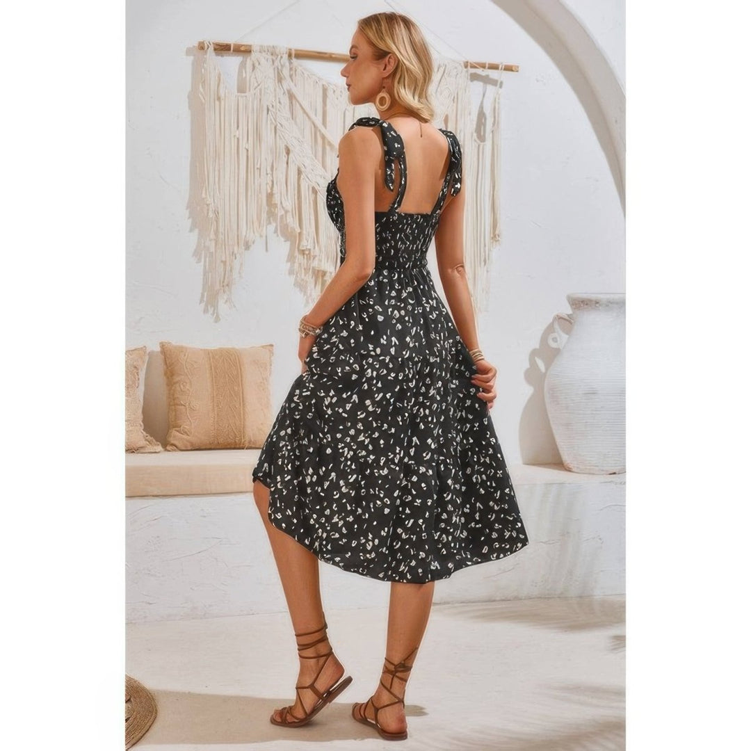 Dress square neck leopard cut - out elastic waist casual wear - AMVIM