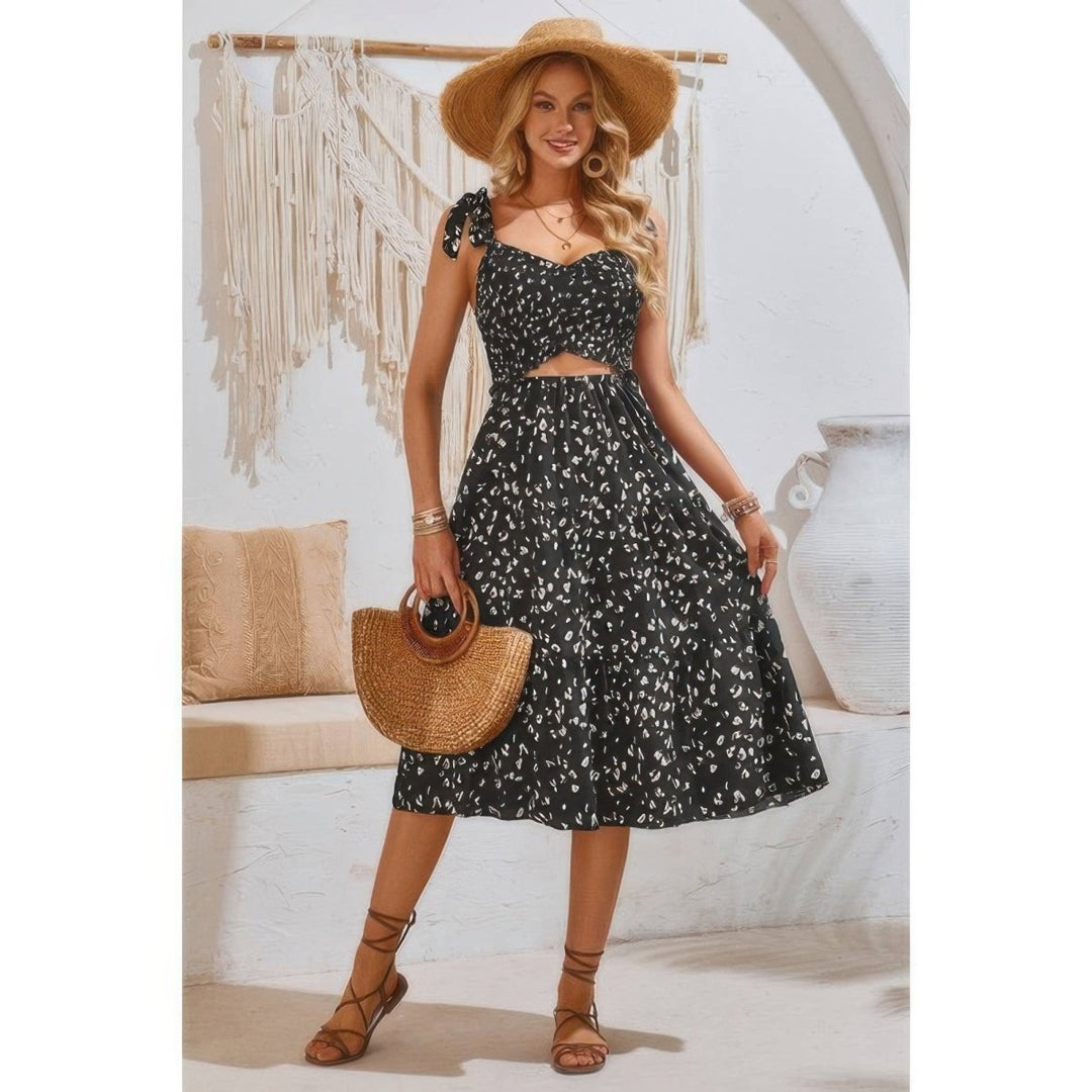 Dress square neck leopard cut - out elastic waist casual wear - AMVIM