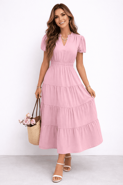 Dress V Neck Color Block Elastic Waist Casual Fit - AMVIM