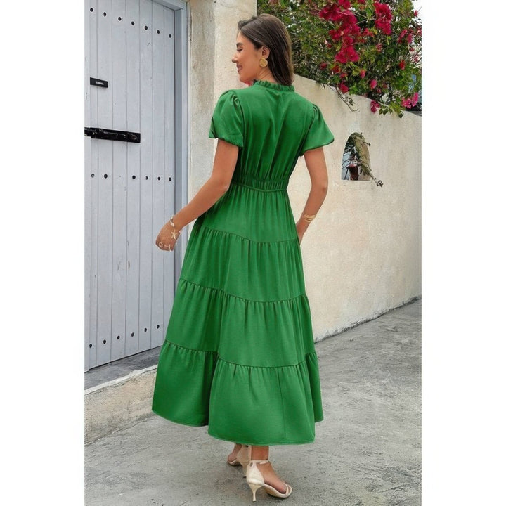 Dress V Neck Color Block Elastic Waist Casual Fit - AMVIM