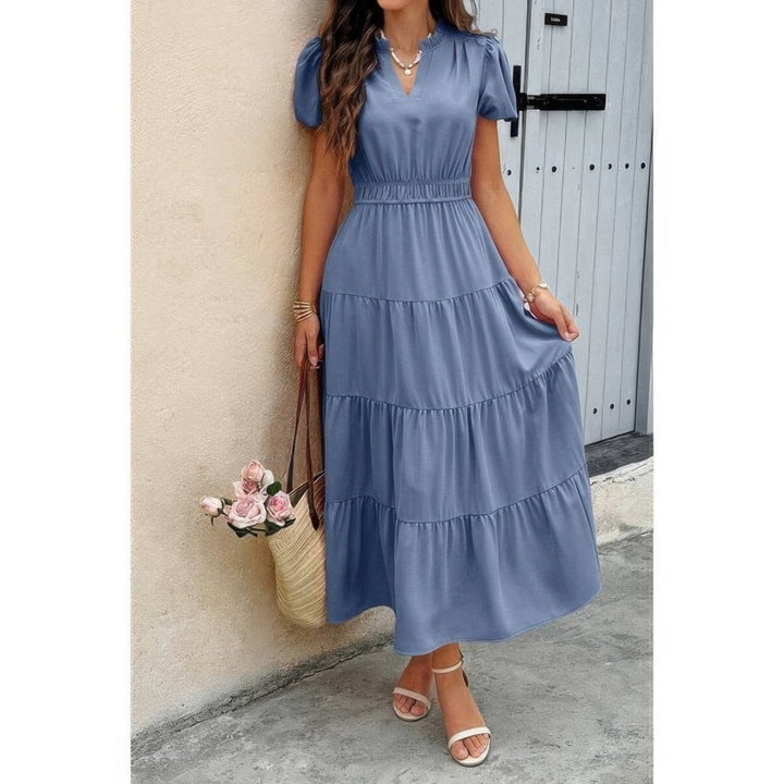 Dress V Neck Color Block Elastic Waist Casual Fit - AMVIM