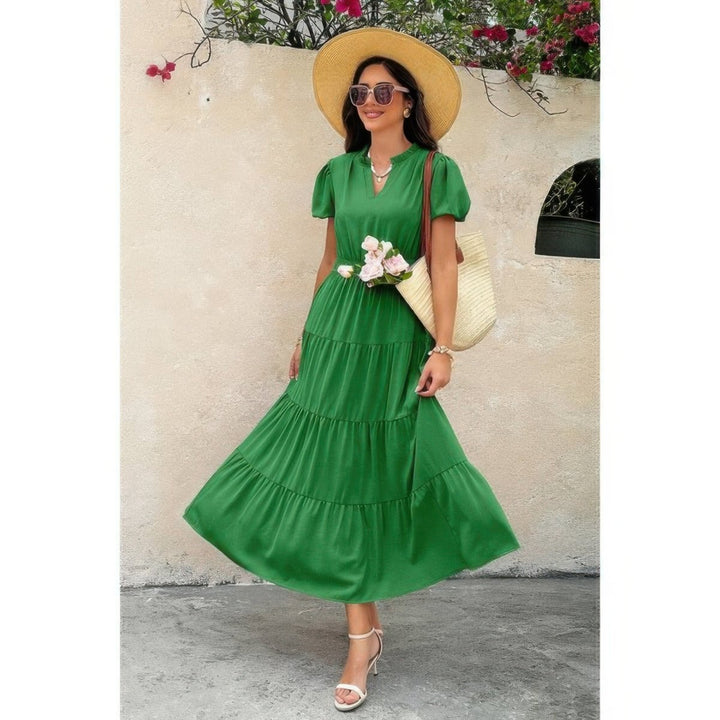 Dress V Neck Color Block Elastic Waist Casual Fit - AMVIM