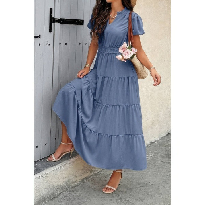 Dress V Neck Color Block Elastic Waist Casual Fit - AMVIM