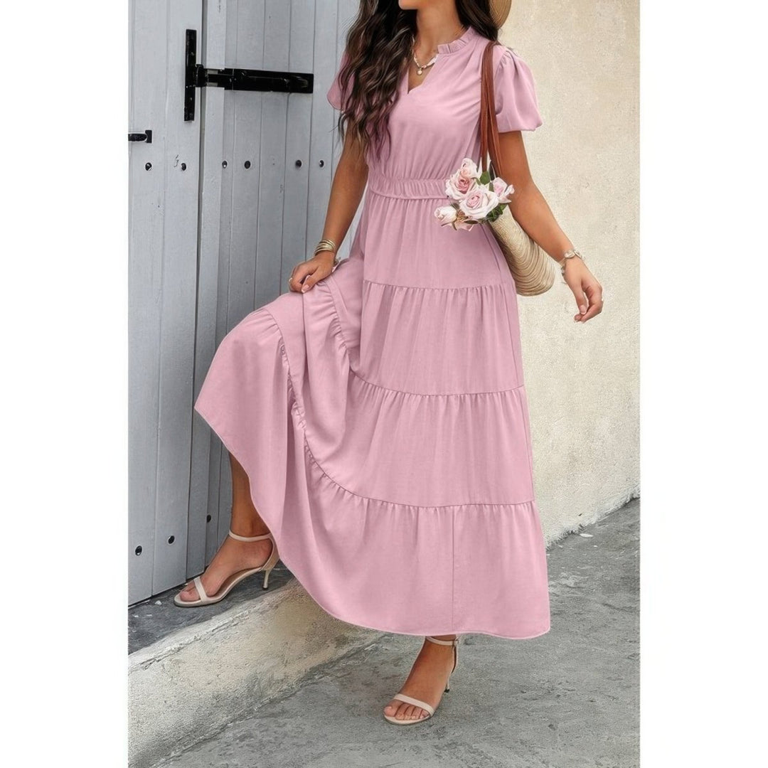 Dress V Neck Color Block Elastic Waist Casual Fit - AMVIM