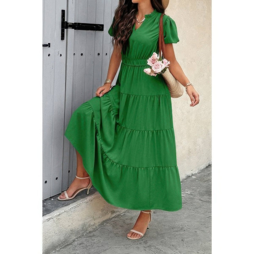Dress V Neck Color Block Elastic Waist Casual Fit - AMVIM